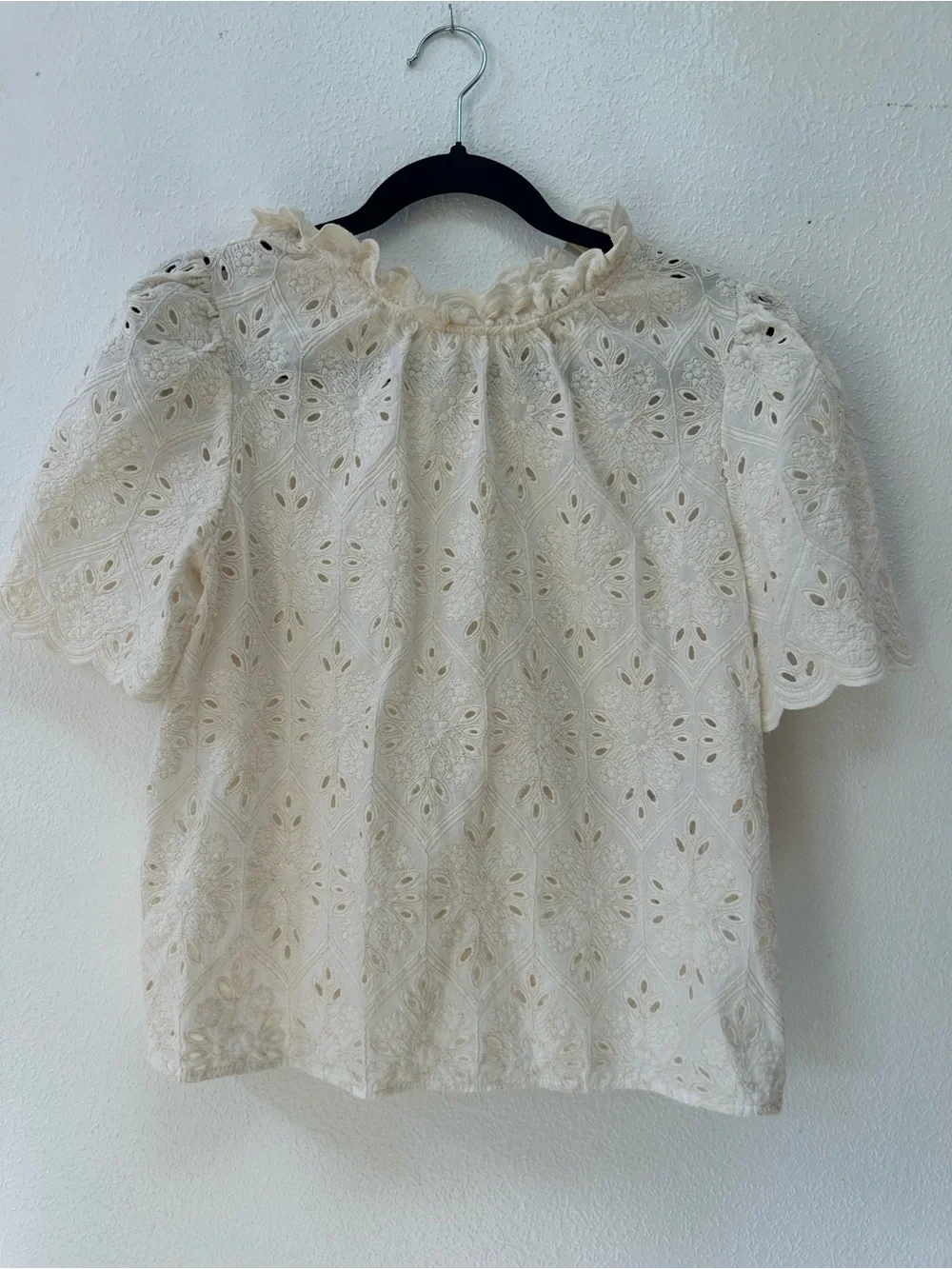 Sezane Lousiah Ecru Lace Eyelet Ruffle-Neck Blouse women’s size medium - Picture 2 of 12